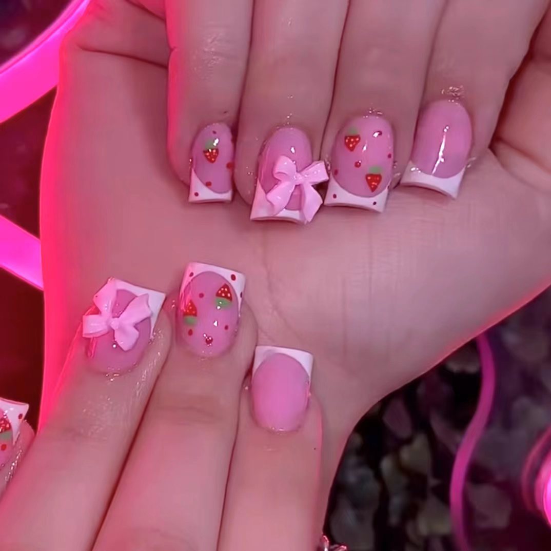 3D Printing Nails - 24pcs Red Strawberry Designs Fake Nail